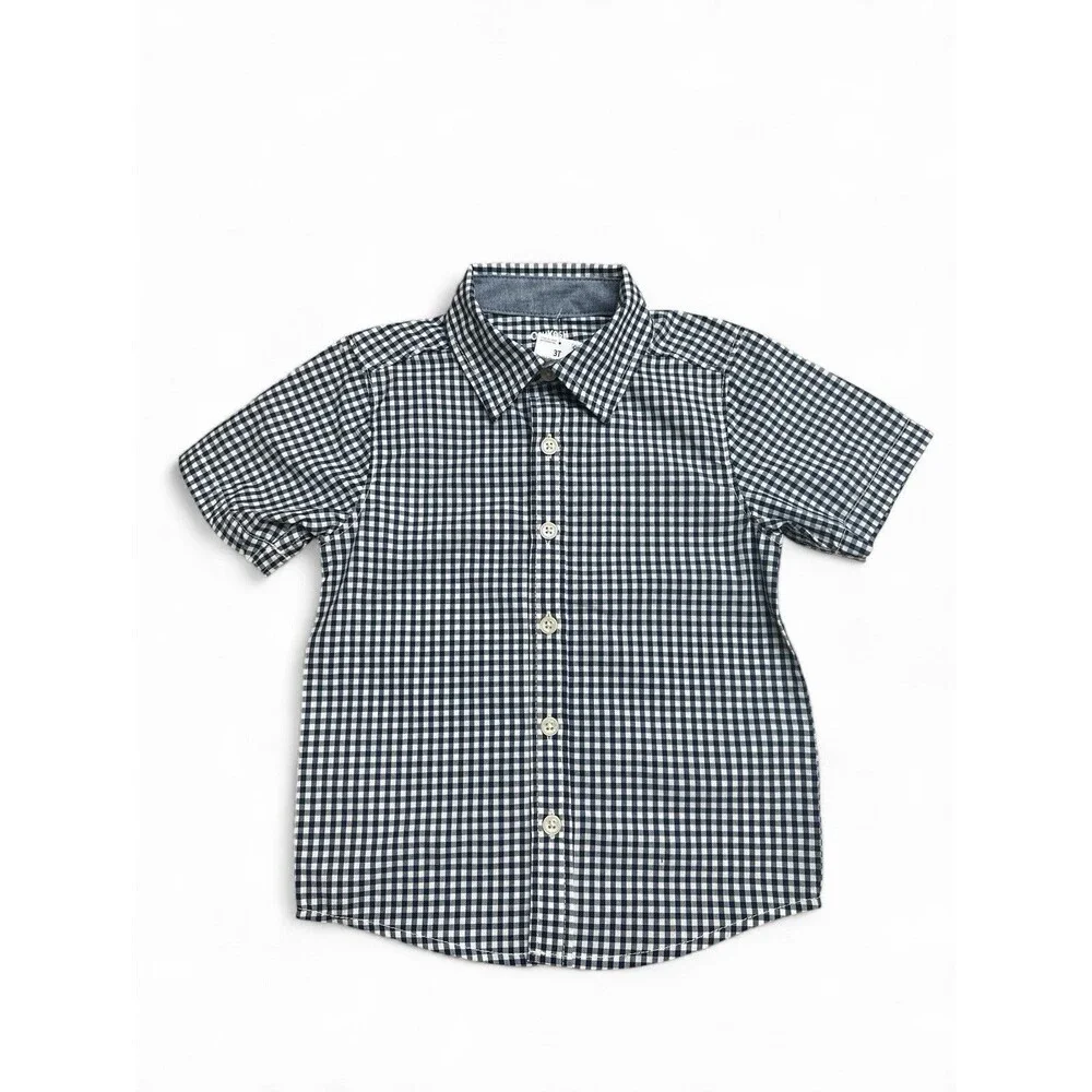 NWT Oshkosh B'Gosh Boy's 3t Navy & White Plaid Short Sleeve Button Down Shirt